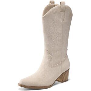 Women's Beige Faux Suede Square Toe Cowboy Mid Calf Western Boots 15 Inches